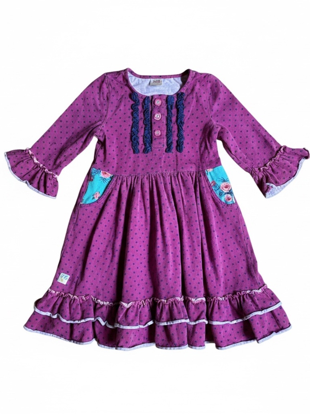 Girls' Purple Ruffle Pocket Dress with Floral Accents